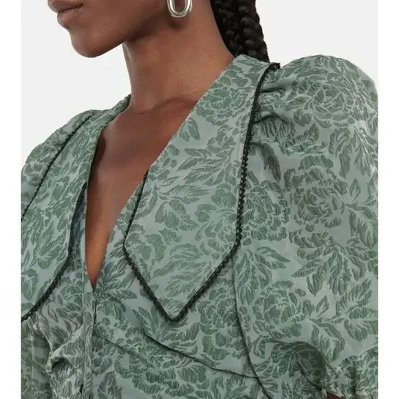 GANNI Organza Mini Dress Size 36 Myrtle Jacquard Balloon coquette fairy A004055 - Picture 2 of 13